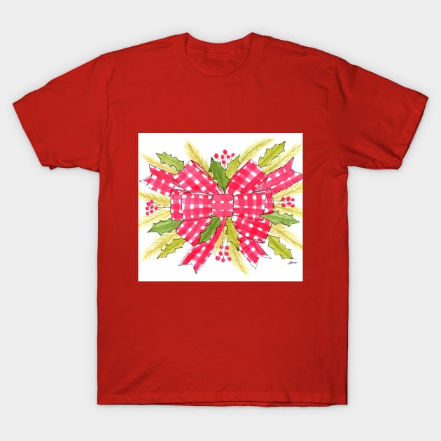 Red gingham ribbon as Christmas wreath T-Shirt by SunnyPainter